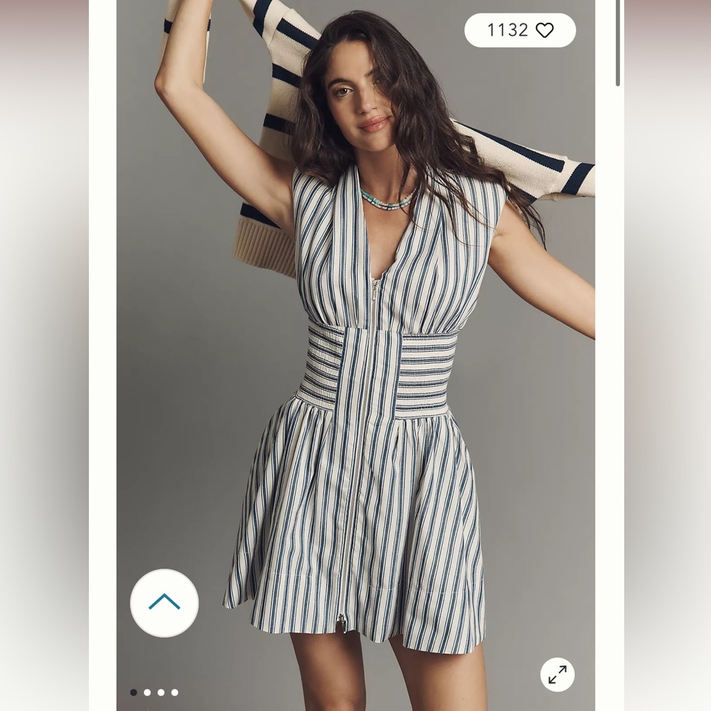 Anthropologie The Tommie Cap-Sleeve Stripe Smocked Front-Zip Mini Shirt Dress